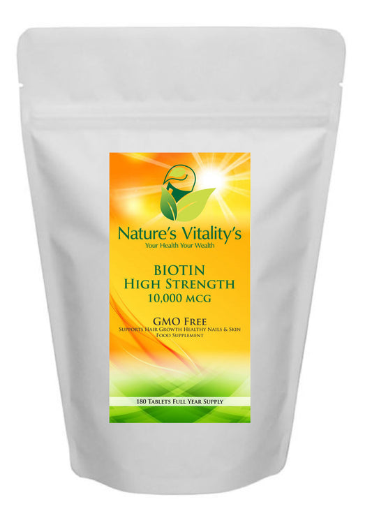 Biotin Vitamin B7 High Strength 10,000 MCG 180 Tablets 6 Months Supply GMO Free Supports Hair Growth, Hair Follicles, Healthy Nails, Skin, 49g