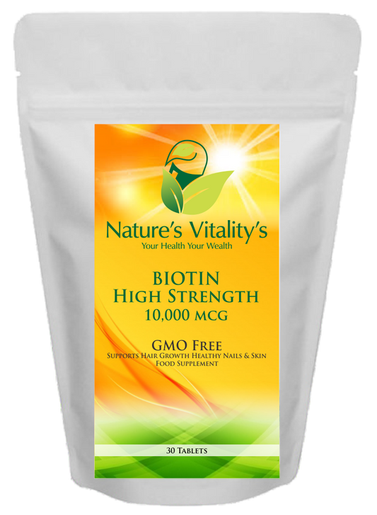 Biotin Vitamin B7 High Strength 10,000 MCG 30 Tablets 1 Month Supply GMO Free Supports Hair Growth, Hair Follicles, Healthy Nails, Skin