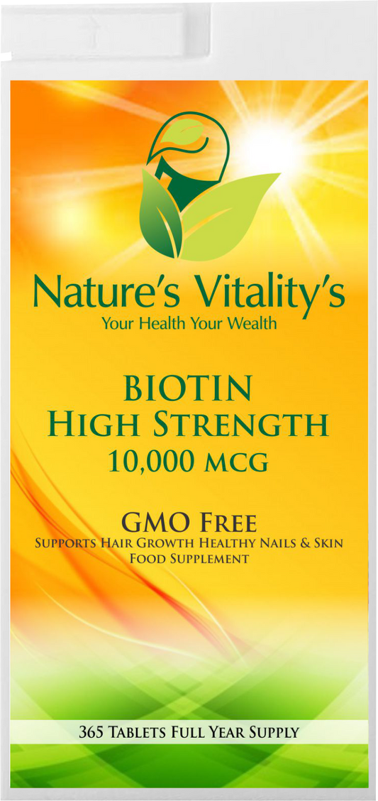 Biotin Vitamin B7 High Strength 10,000 MCG 365 Tablets 1 Year Supply GMO Free Supports Hair Growth, Hair Follicles, Healthy Nails, Skin,
